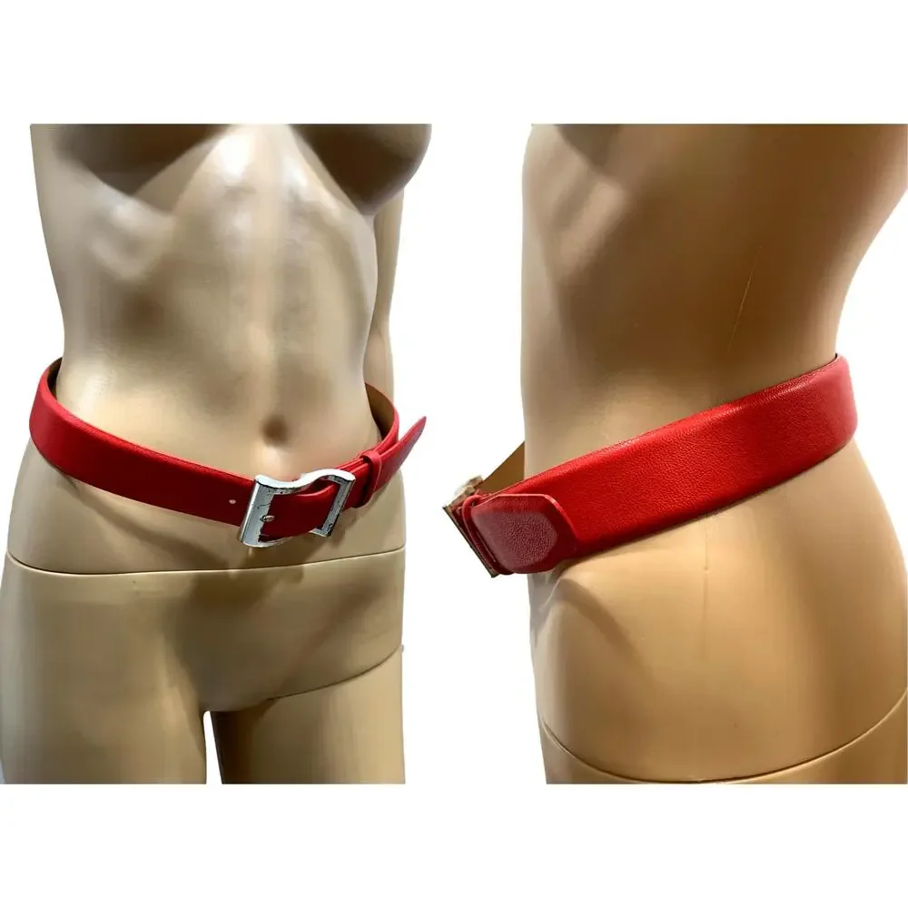 90s DKNY Red Leather Belt w Silver Buckle | VTG S | 28